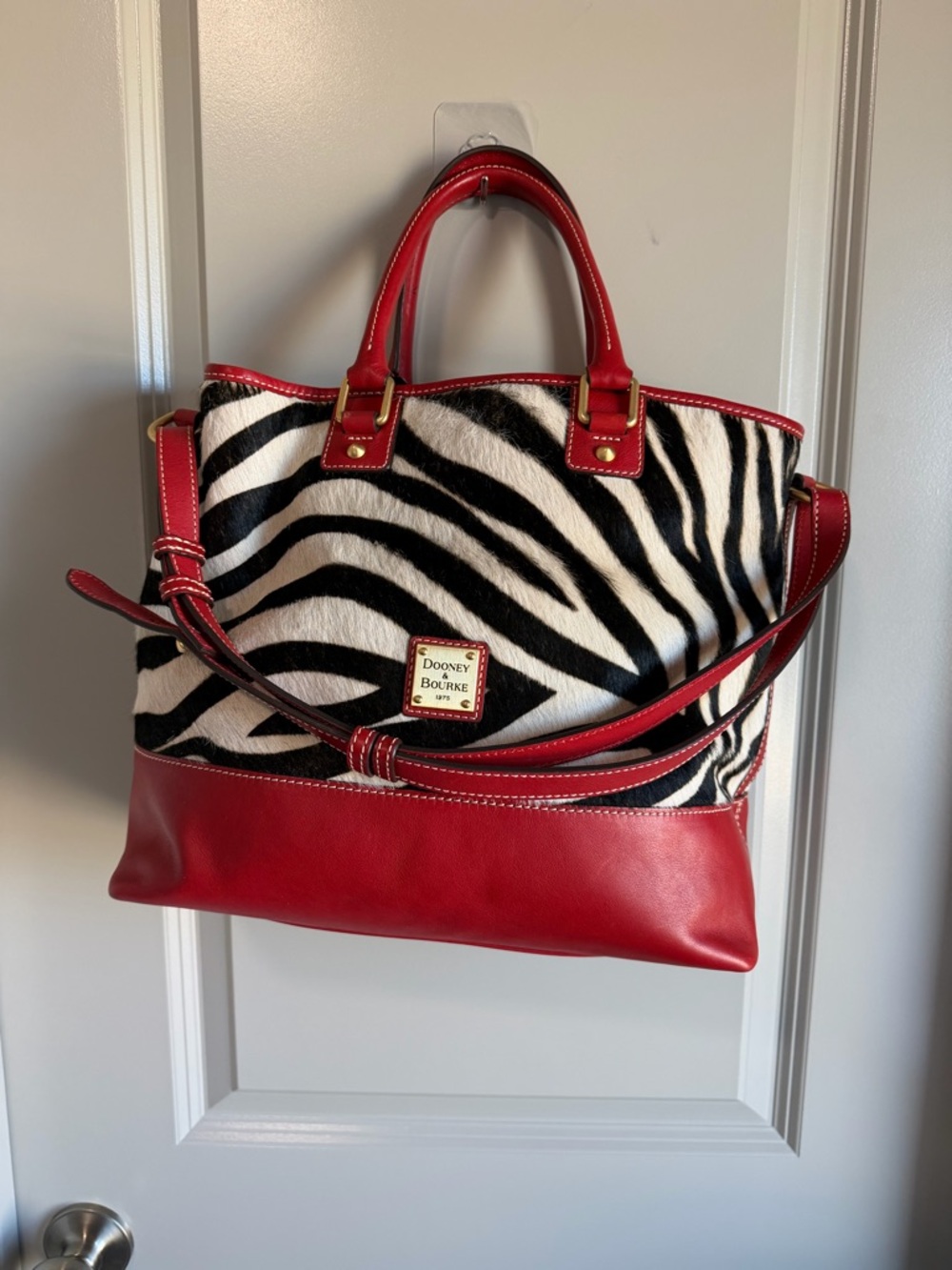 Dooney & Bourke Black & White Zebra Print Tote with Red Trim